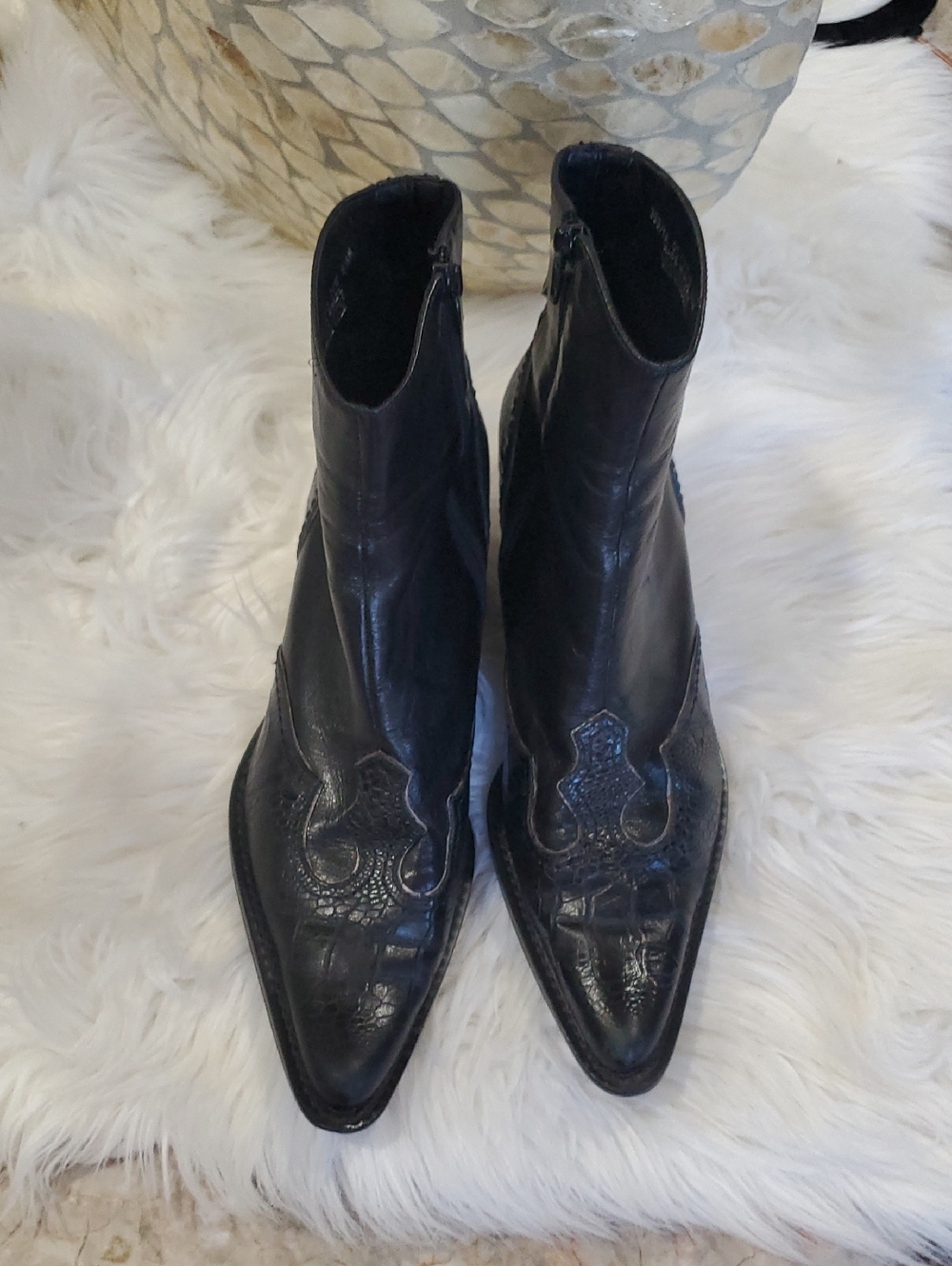 Franco Sarto Black Pointed Leather Ankle Booties with Embossed Toe